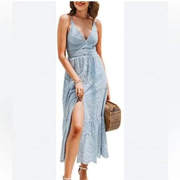 Simplee Apparel | Dresses | Simplee Blue Eyelet Maxi Dress Wadjustable  Straps And Front Slit Size Large | Poshmark